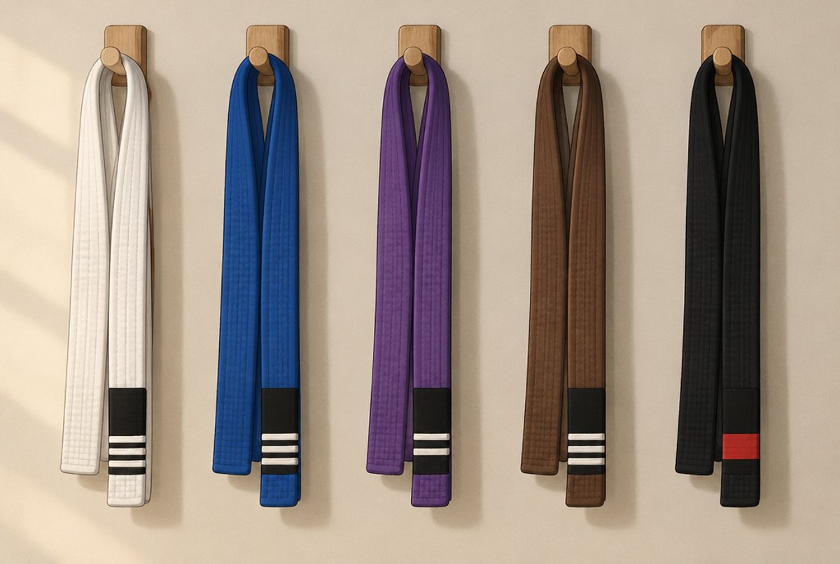 Five belts hanging in a row on wooden pegs: white, blue, purple, brown and black.