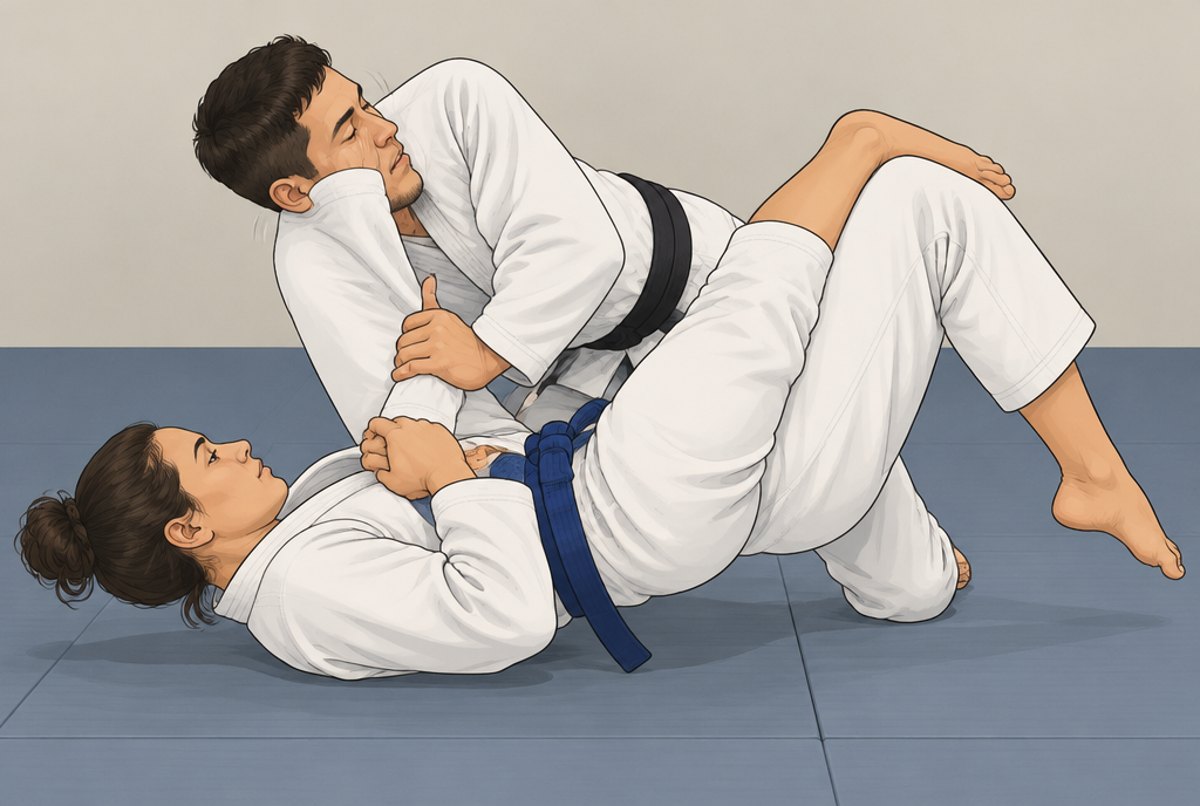 A person on their back holding a partner's straight arm between their legs while the partner taps.