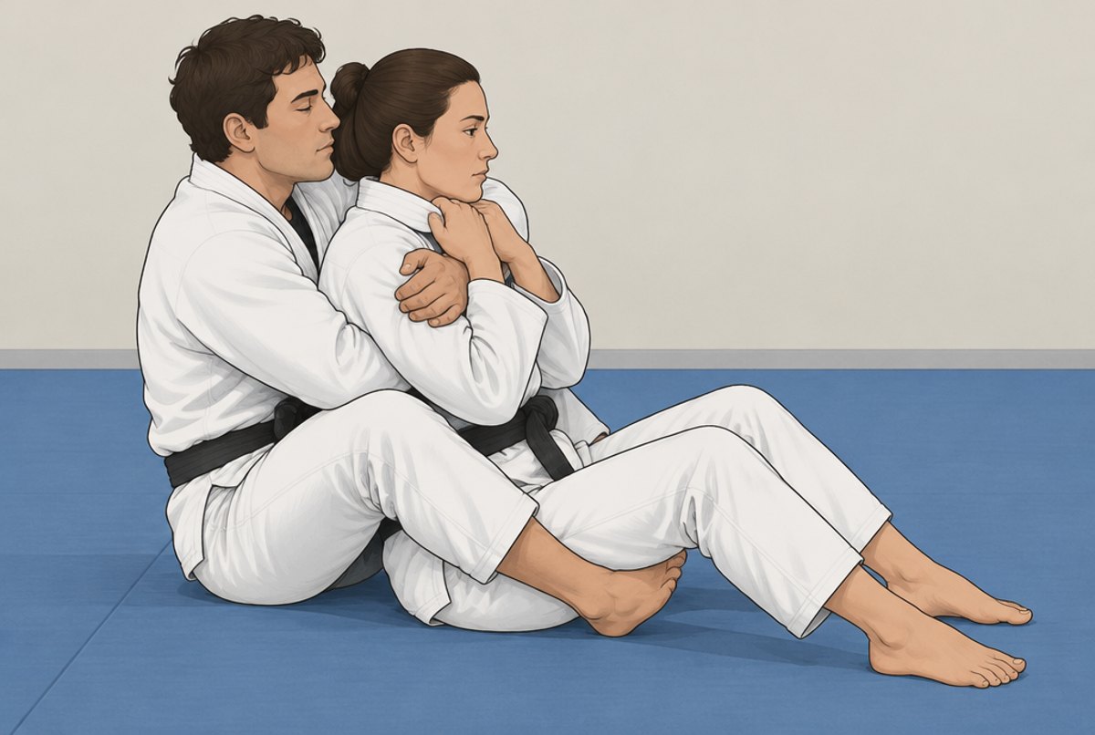 A person behind a partner with heels hooked inside the partner's thighs and arms round the chest.