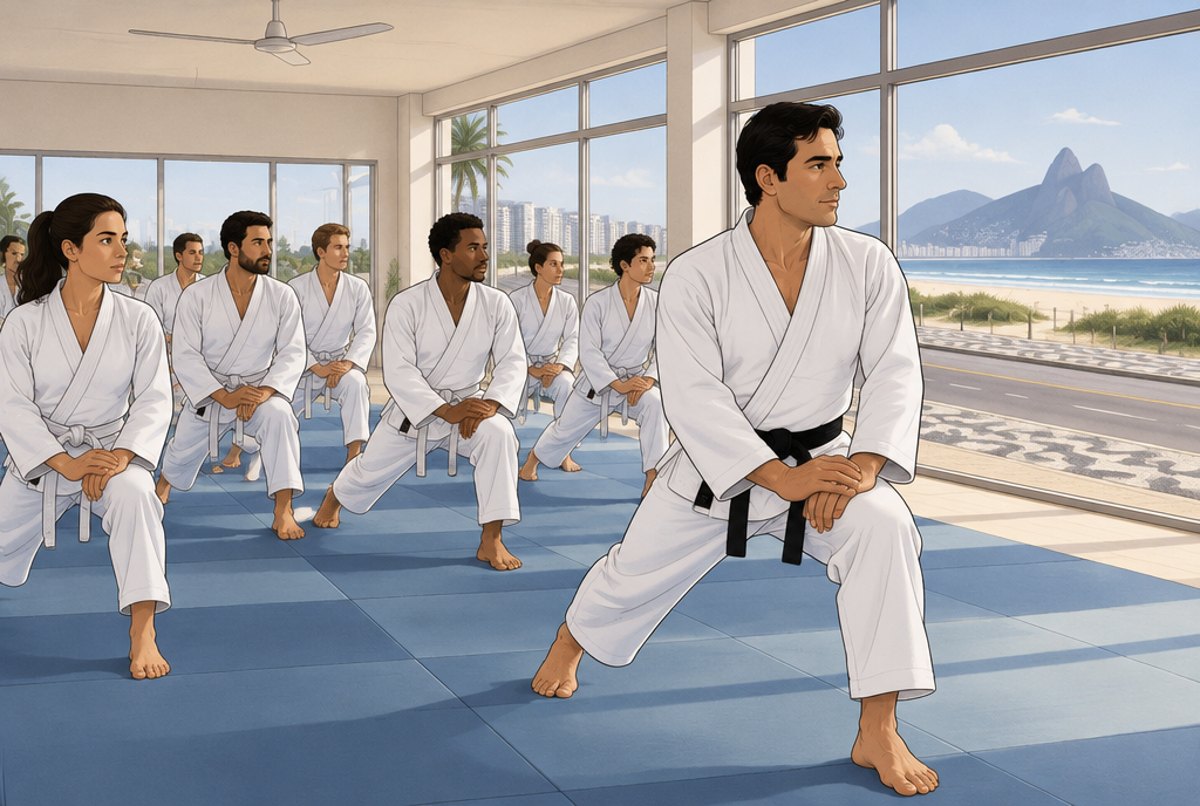 An instructor leading a line of adult students in a warm up in a bright seaside academy.