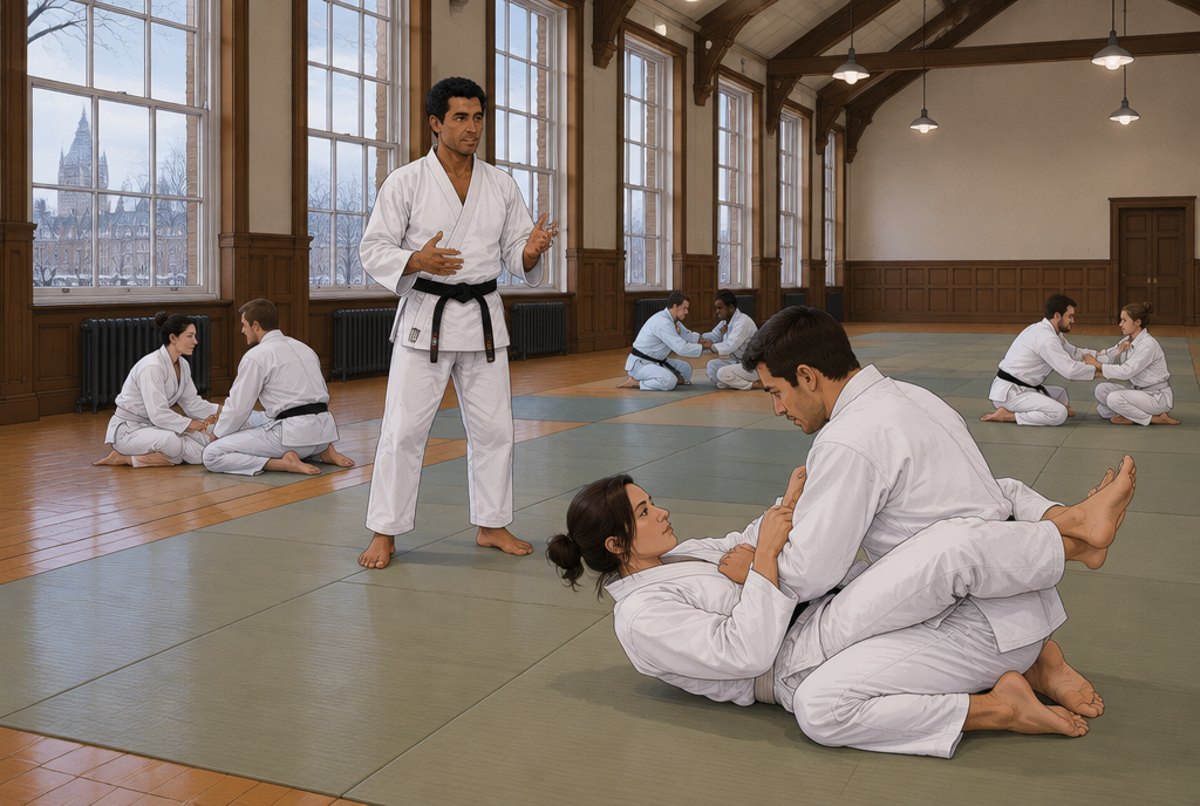 An instructor teaching a ground technique to adults in a traditional London training hall.