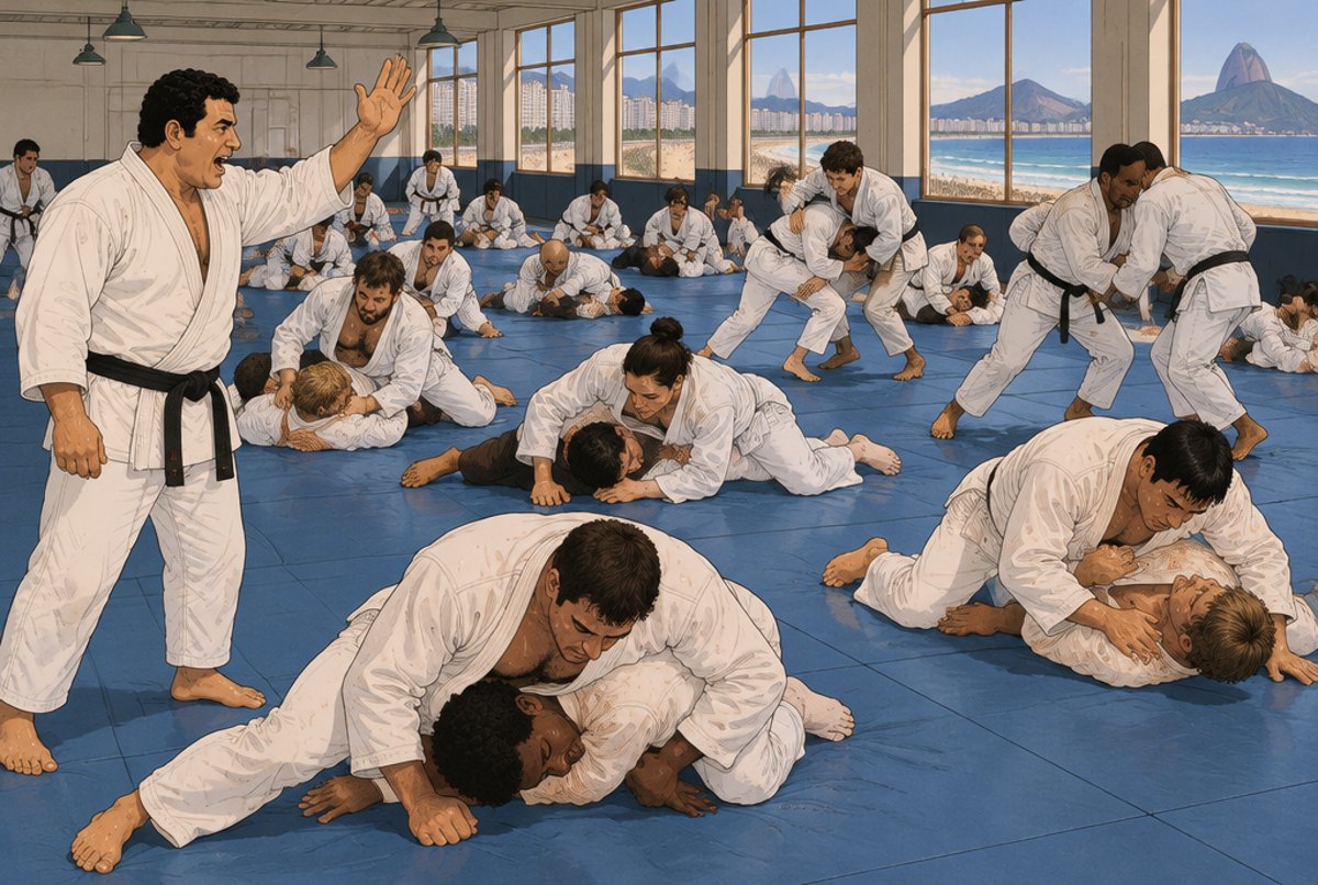 A crowded academy with many pairs of adults training hard while a stocky instructor urges them on.