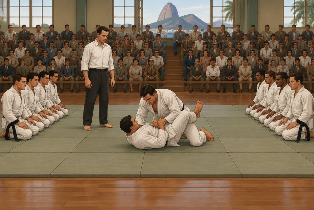 Two men grappling in the centre of a mat between two kneeling teams while a crowd watches.