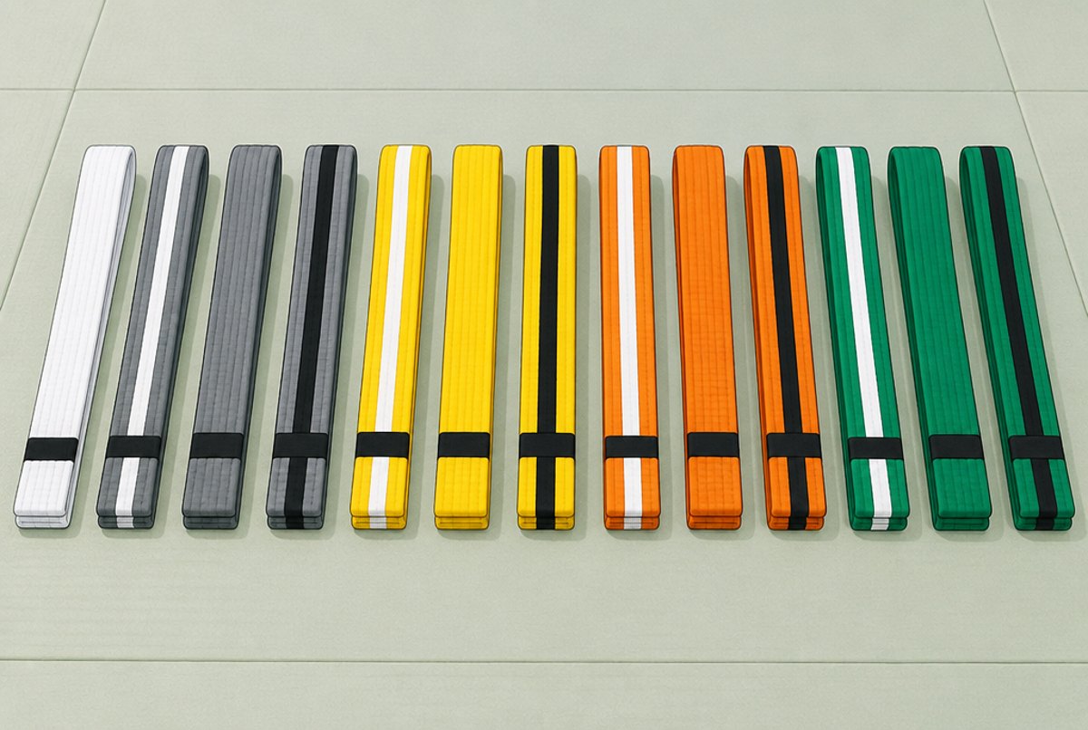Thirteen children's belts laid out in a row from white through grey, yellow, orange and green.