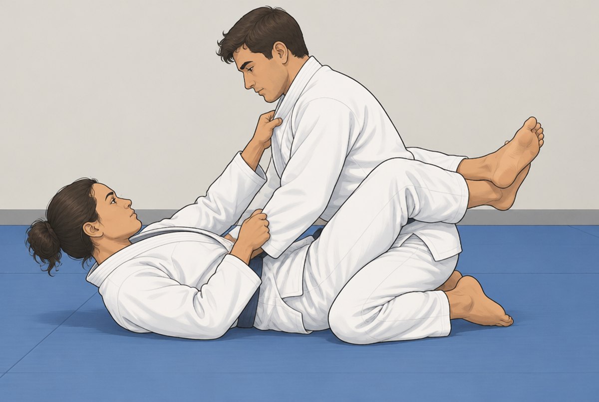A person on their back with legs locked round a kneeling partner's waist.