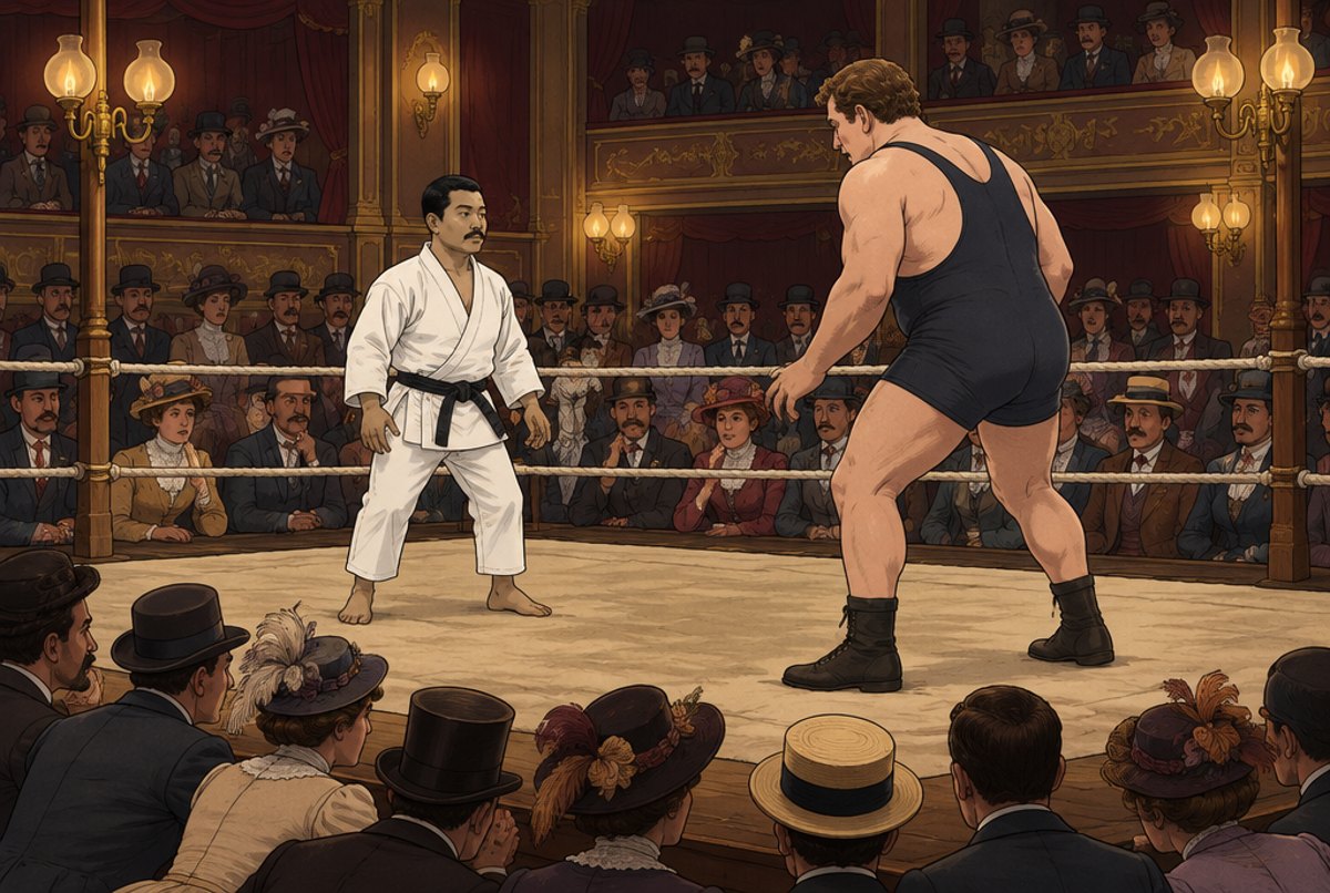 Mitsuyo Maeda facing a much larger wrestler in a roped ring in a Spanish theatre.