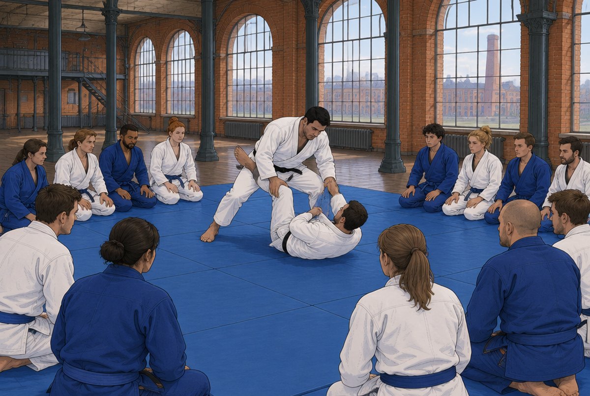 Two instructors giving a seminar to adult students on mats inside an old brick factory hall.