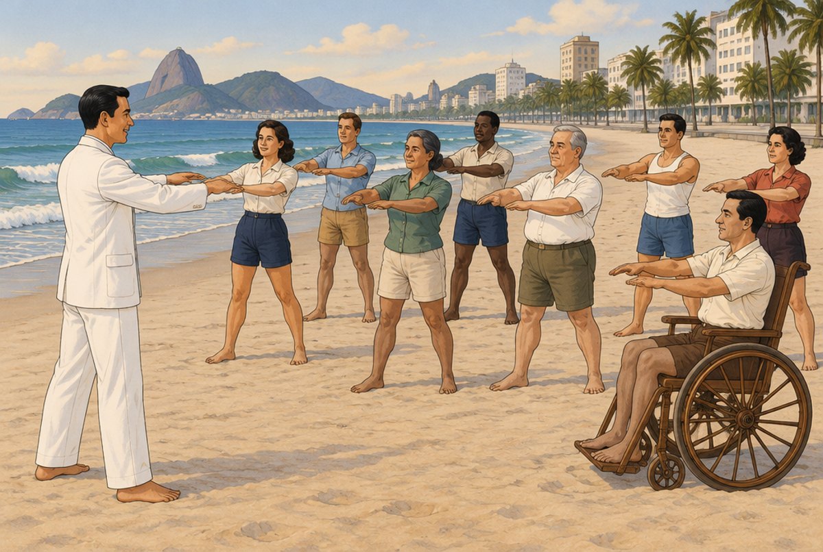 A teacher giving a free jiu-jitsu class to a group of adults on a Rio beach, one of them in a wheelchair.