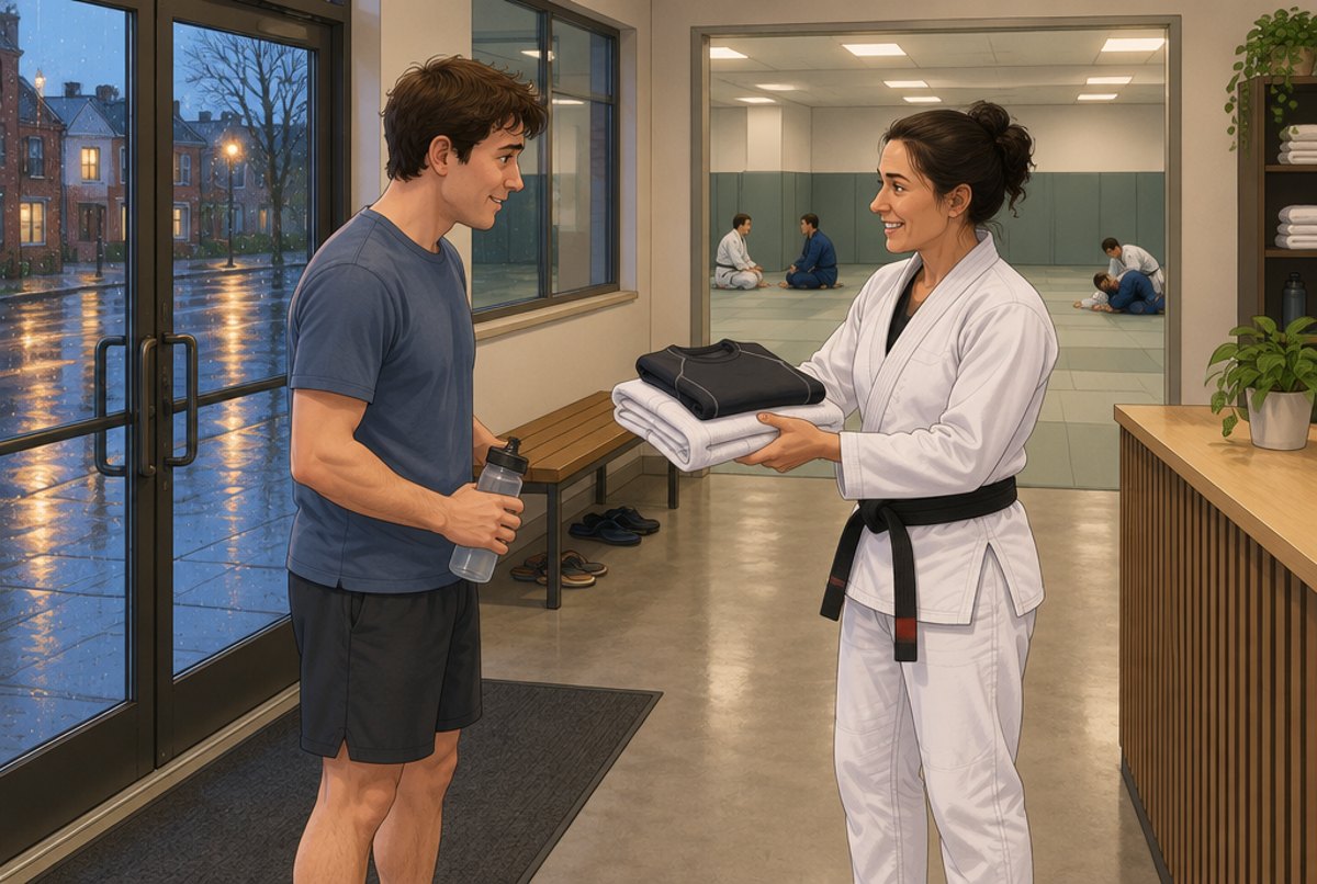 An instructor handing a folded white gi to a nervous adult beginner in an academy's reception.