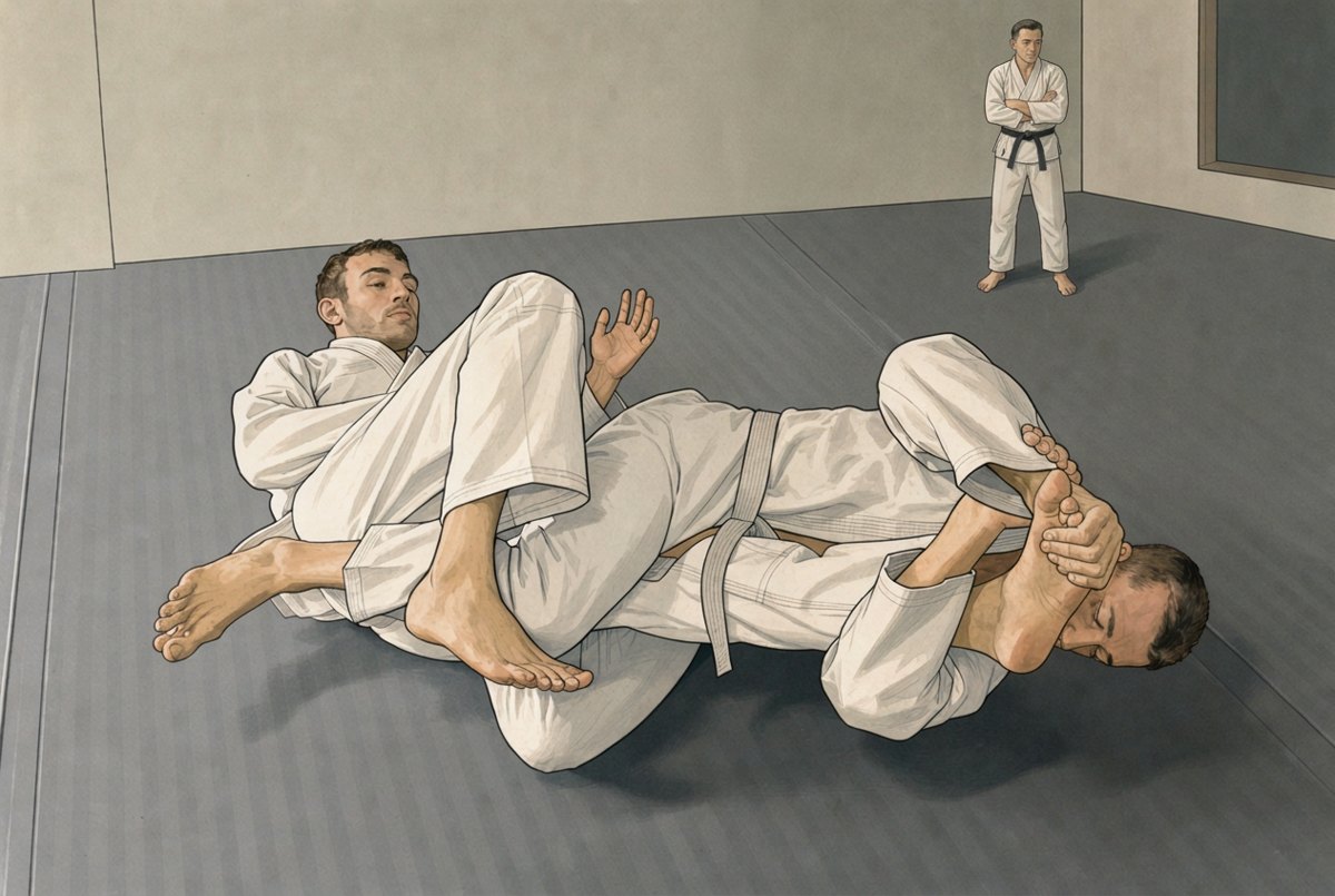 Two adults on a mat drilling a straight ankle lock, legs wrapped round one leg, while an instructor watches from the far wall.