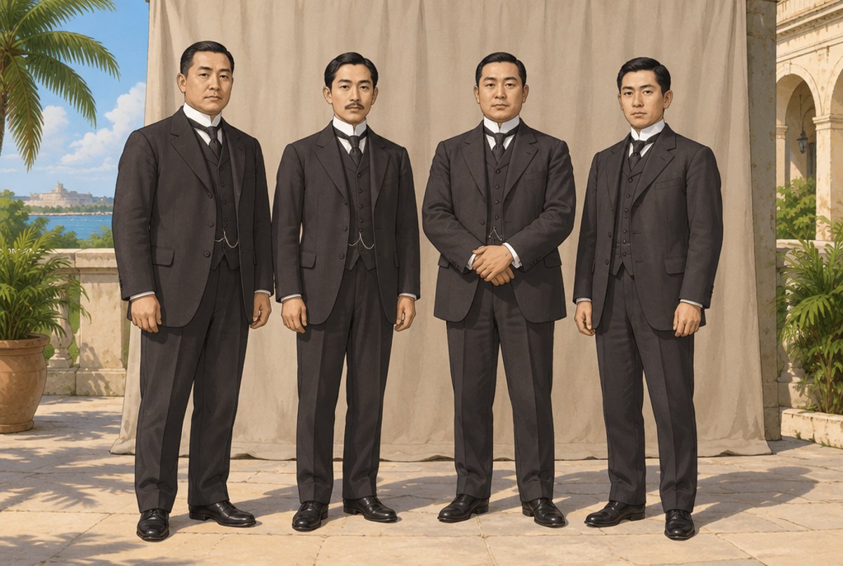 Four Japanese judoka in dark suits standing together in a Cuban courtyard.