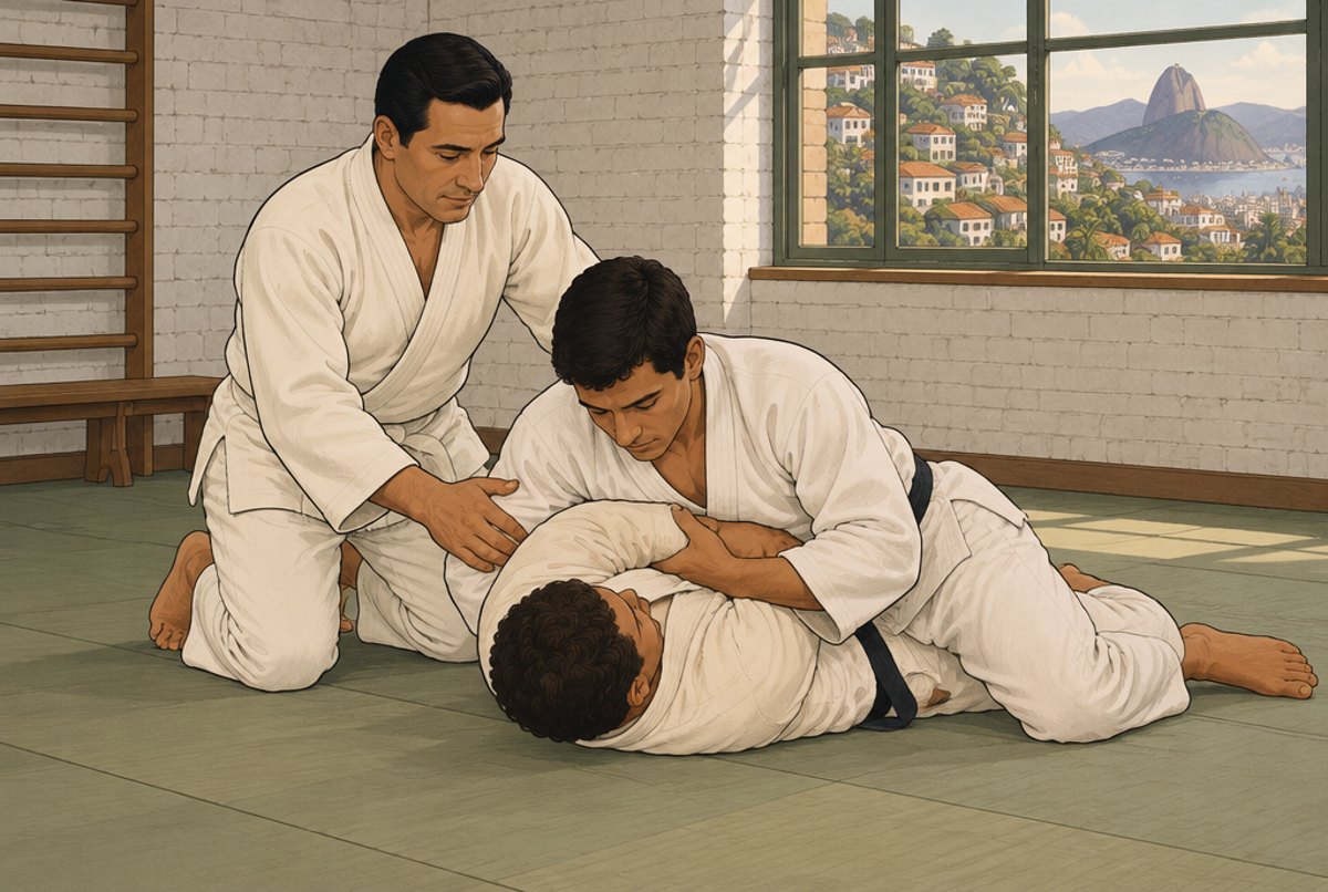 A teacher kneeling beside two adult students on a mat in a plain Rio gym.