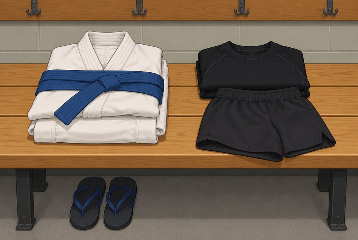 A folded white gi with a blue belt beside a folded rash guard and shorts on a bench.