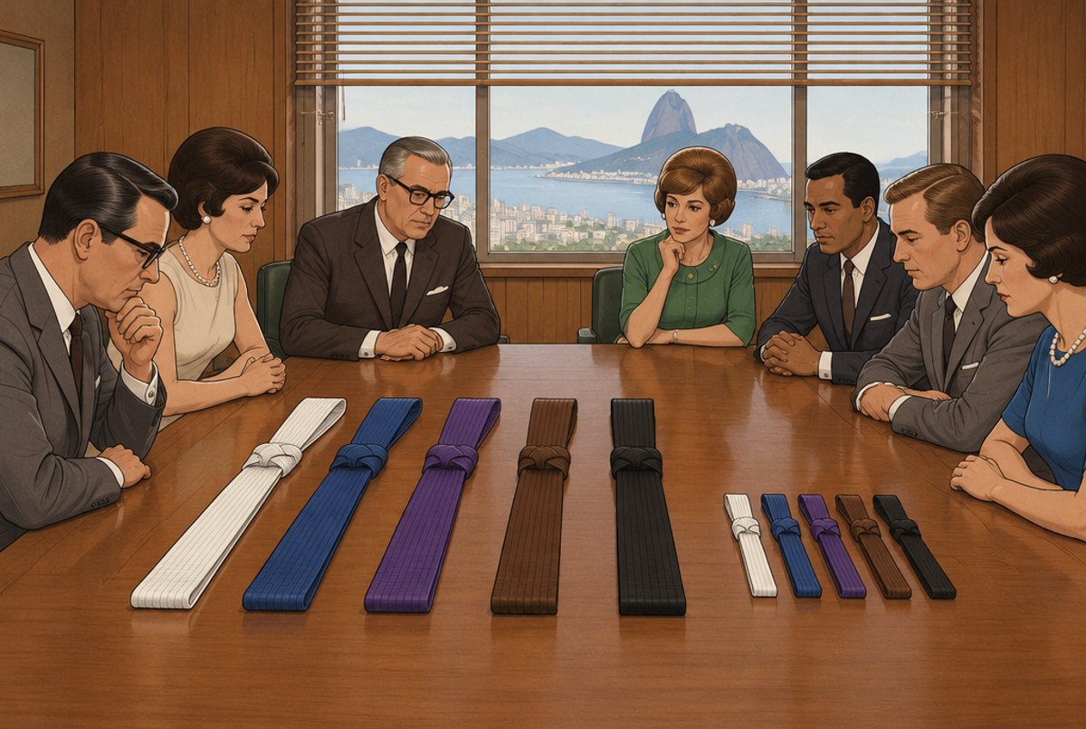 Belts laid out in order on a committee table while adults in 1960s dress look at them.