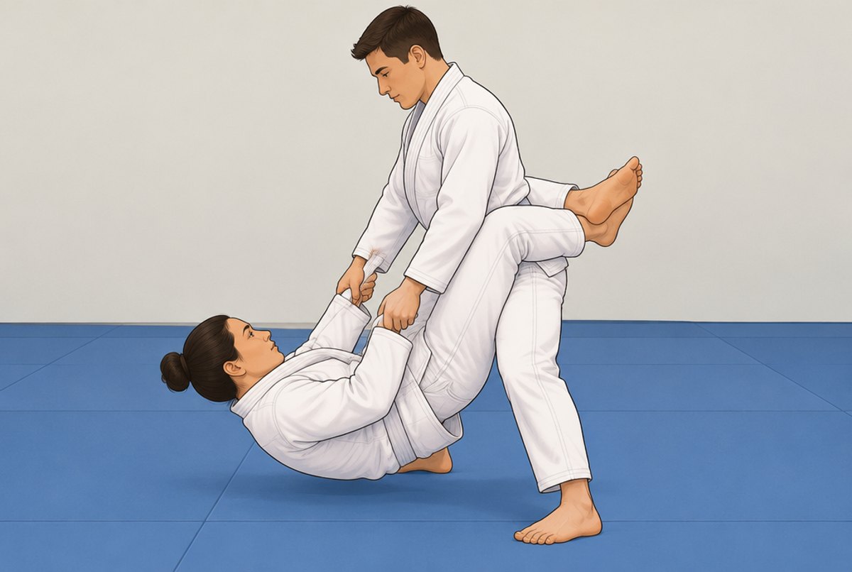 A person standing up inside a partner's closed guard to begin opening it.