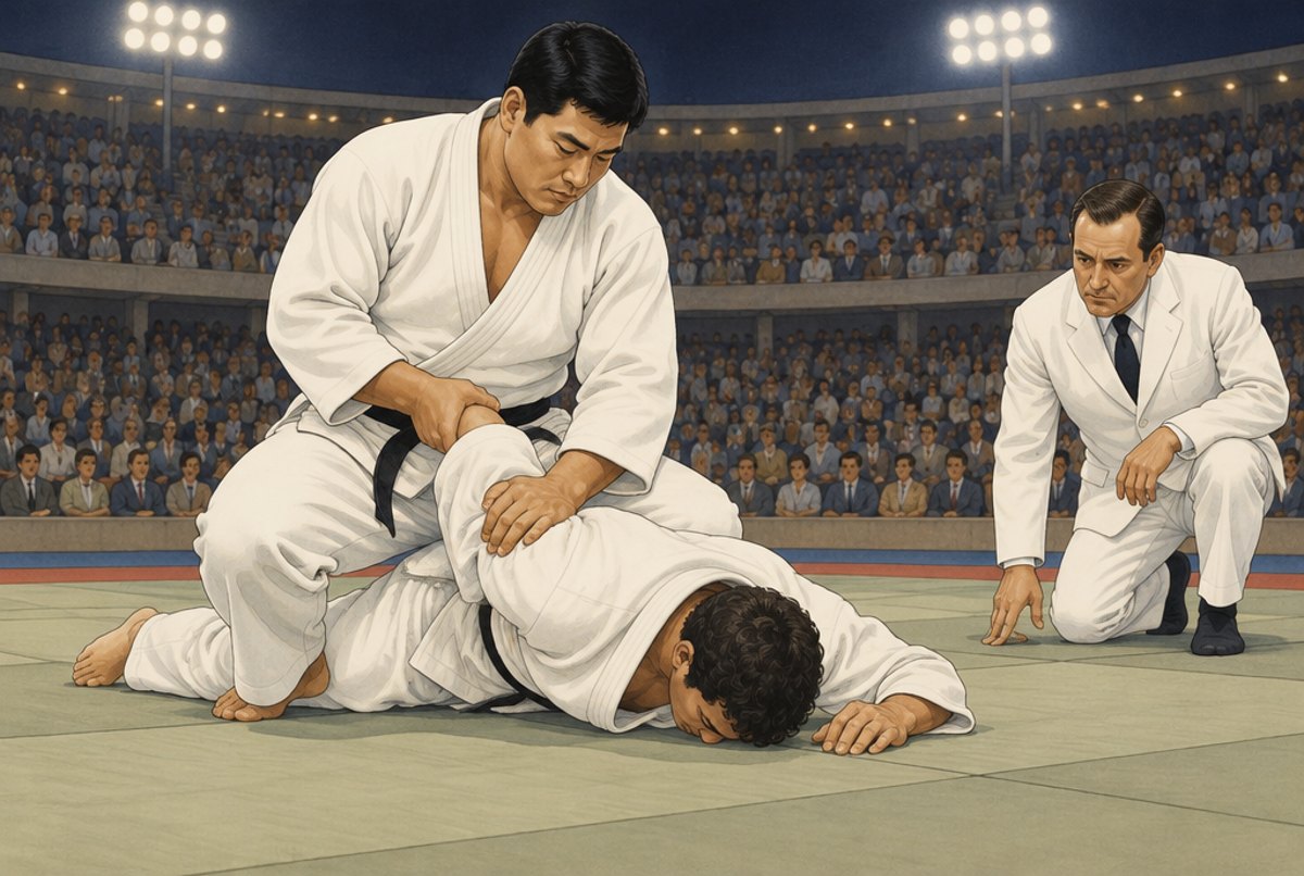 A judoka applying a bent arm shoulder lock on a smaller fighter in a floodlit arena.