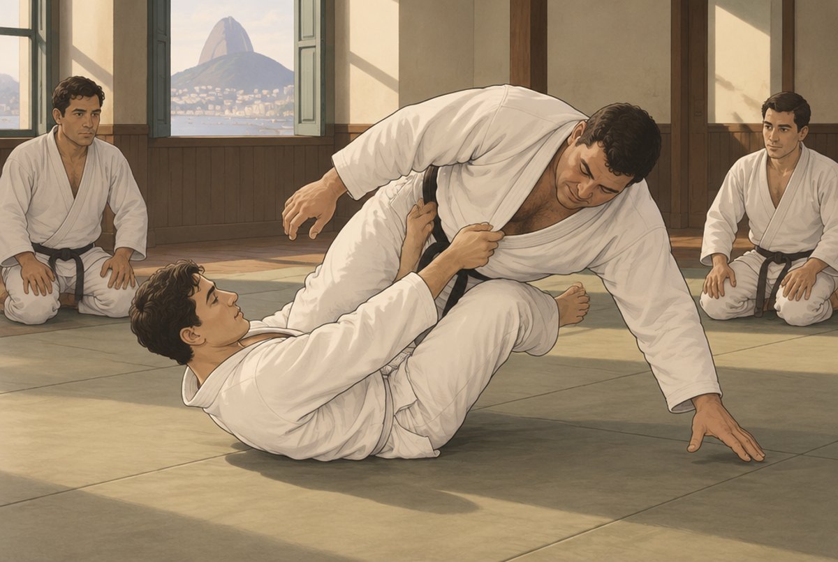A slim man on his back using his legs to tip a much bigger training partner over.