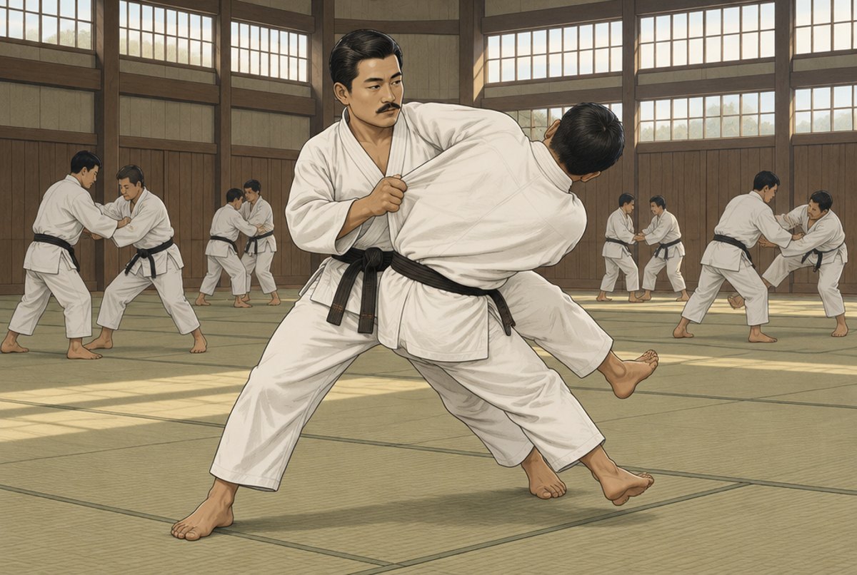 A young Mitsuyo Maeda beginning a throw in a Japanese judo hall.
