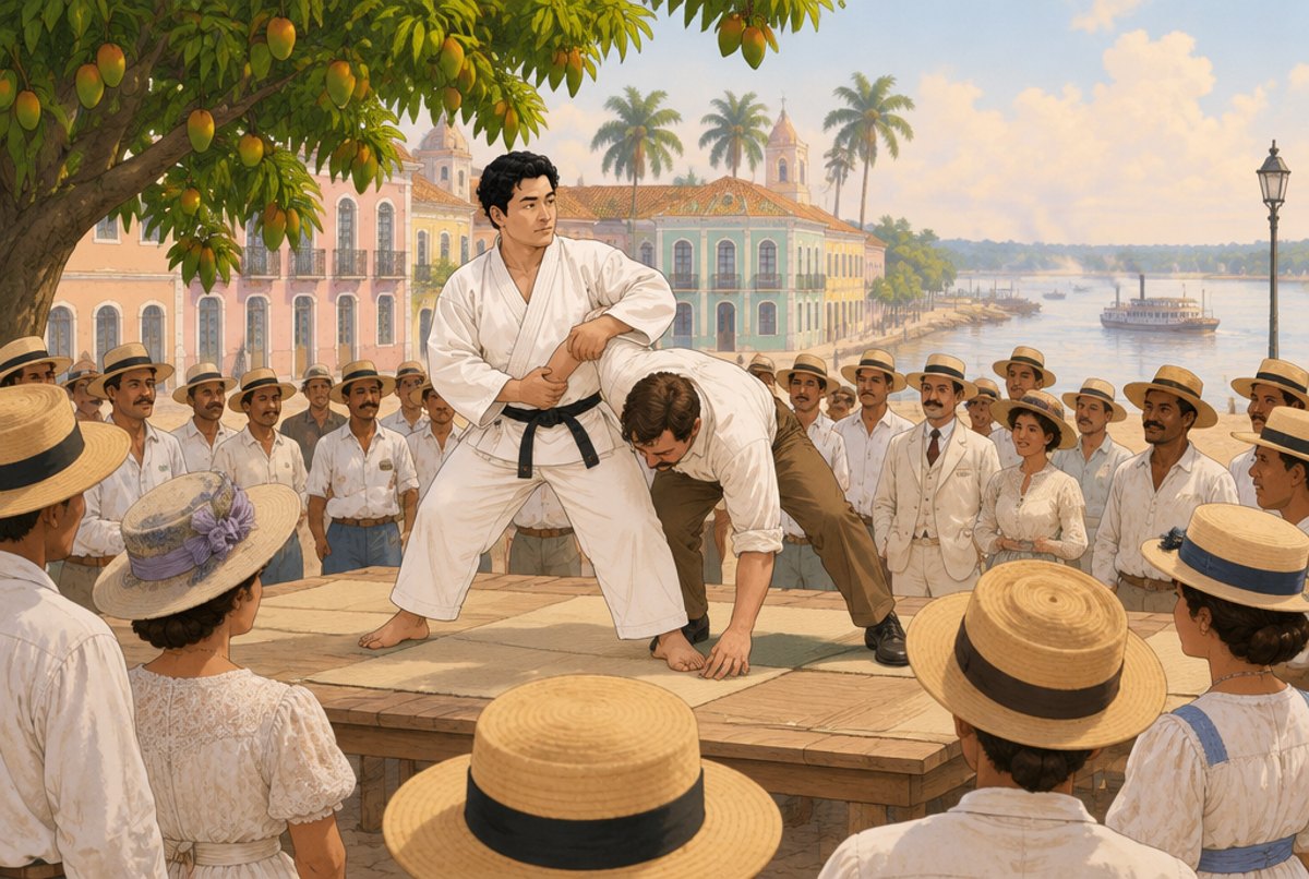 Mitsuyo Maeda demonstrating a hold on a stage in a Brazilian square while townspeople watch.