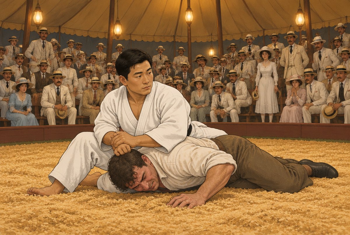 Mitsuyo Maeda holding a challenger on the floor of a circus ring while a crowd watches.