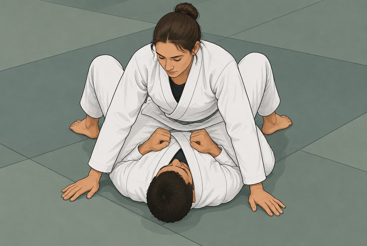 A person sitting astride a partner's chest with knees on the mat.