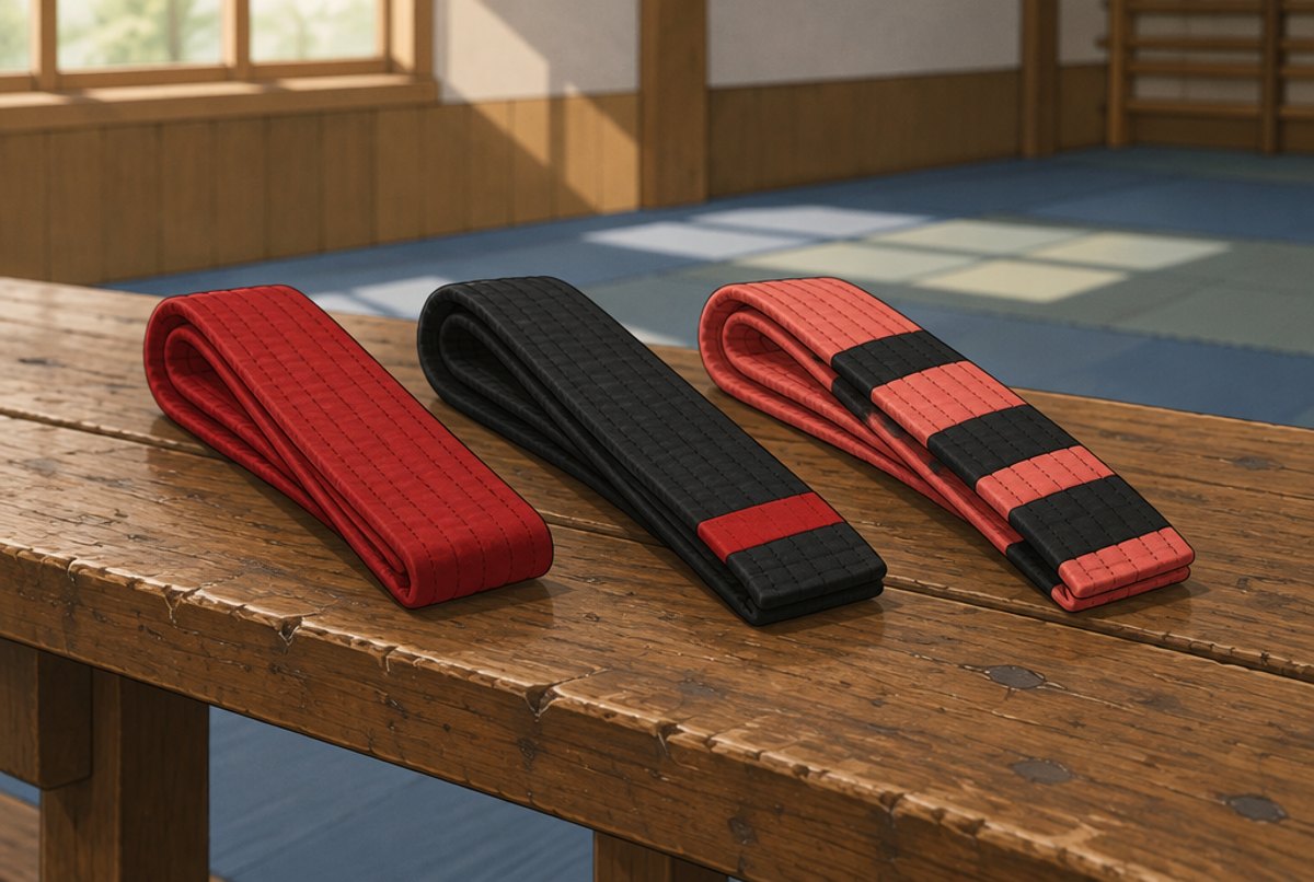 A red belt, a black belt with a red bar and a red and black coral belt lying on a wooden bench.