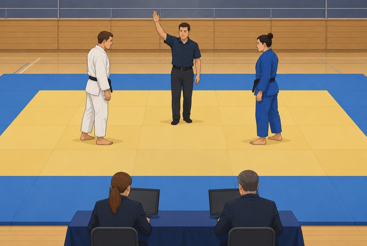 A referee with one arm raised between two athletes at the centre of a competition mat.