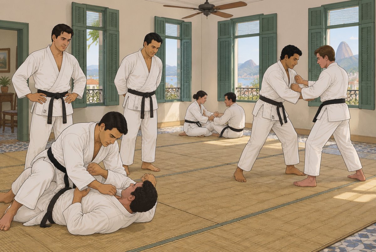 Four brothers in white training jackets teaching pairs of adult students in a Rio room.