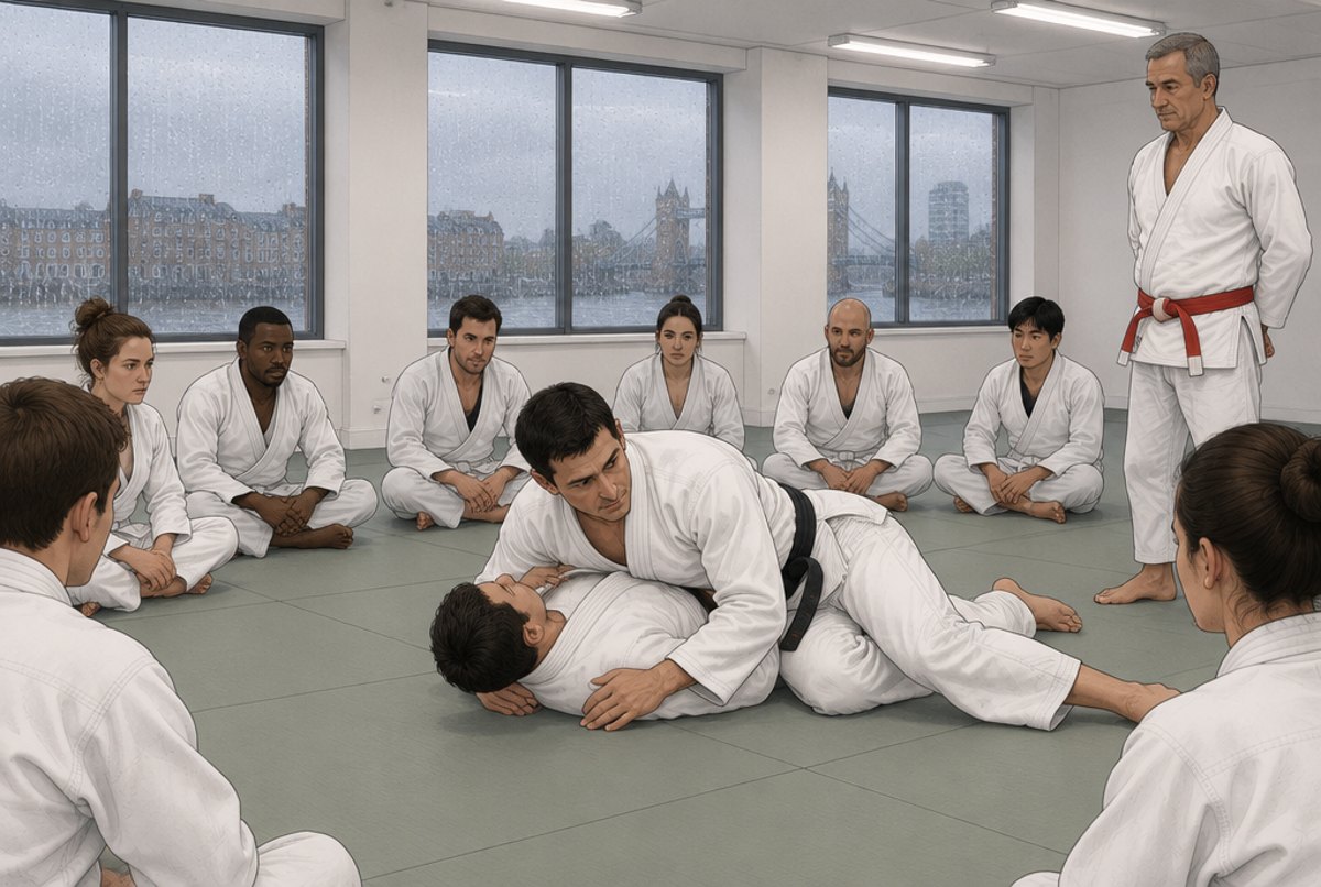 A tall instructor demonstrating side control to a circle of adult students in a London academy.