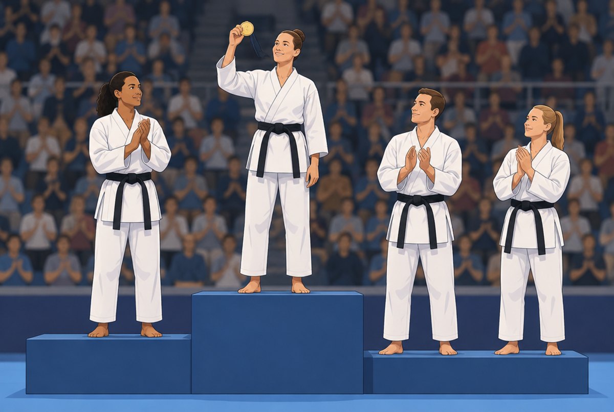 Four athletes in white jackets on a medal podium in a large sports hall.
