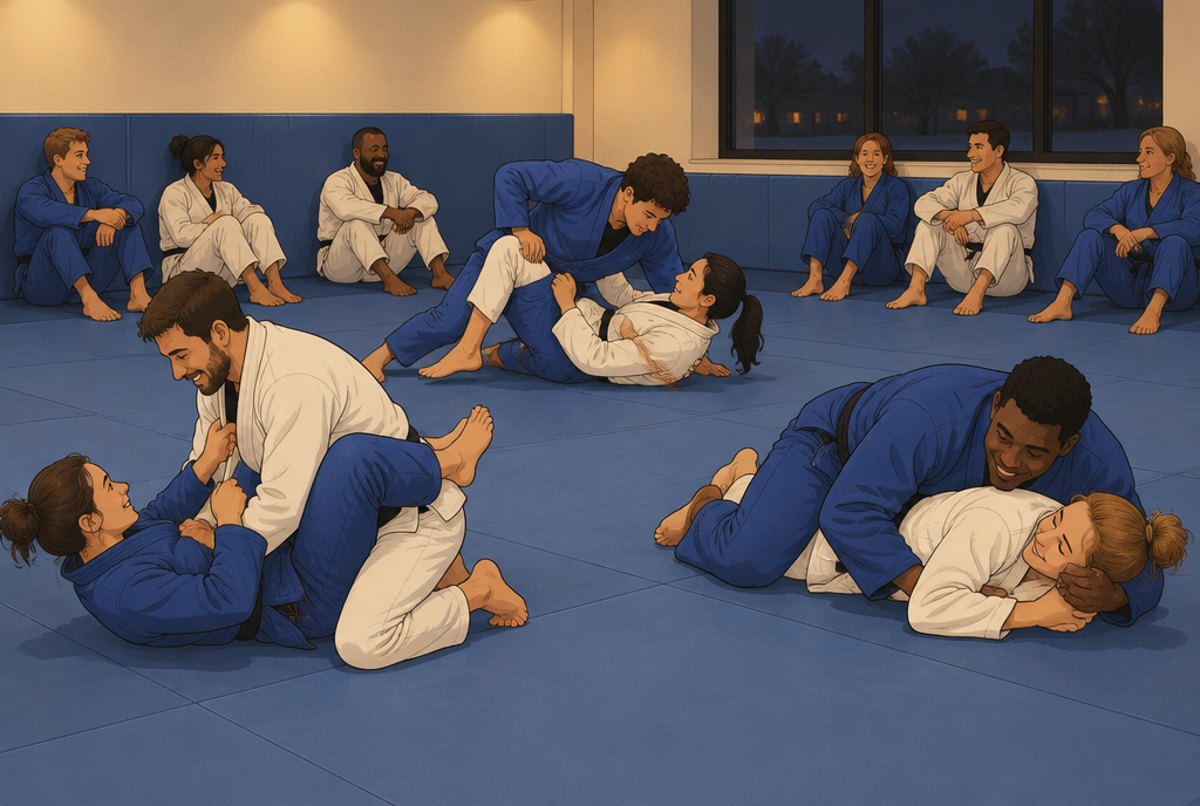 Three pairs of adults sparring on a mat while others sit against the wall watching.