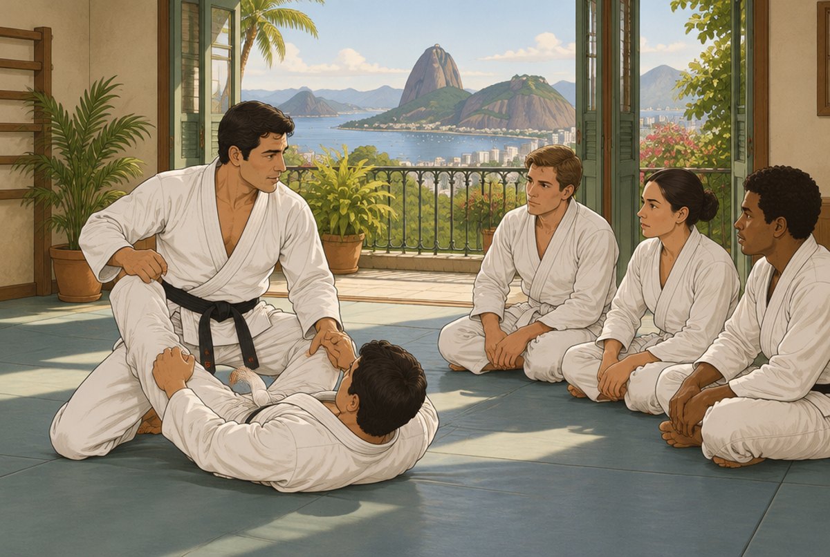 An instructor kneeling on a mat showing a technique to three attentive adult students.