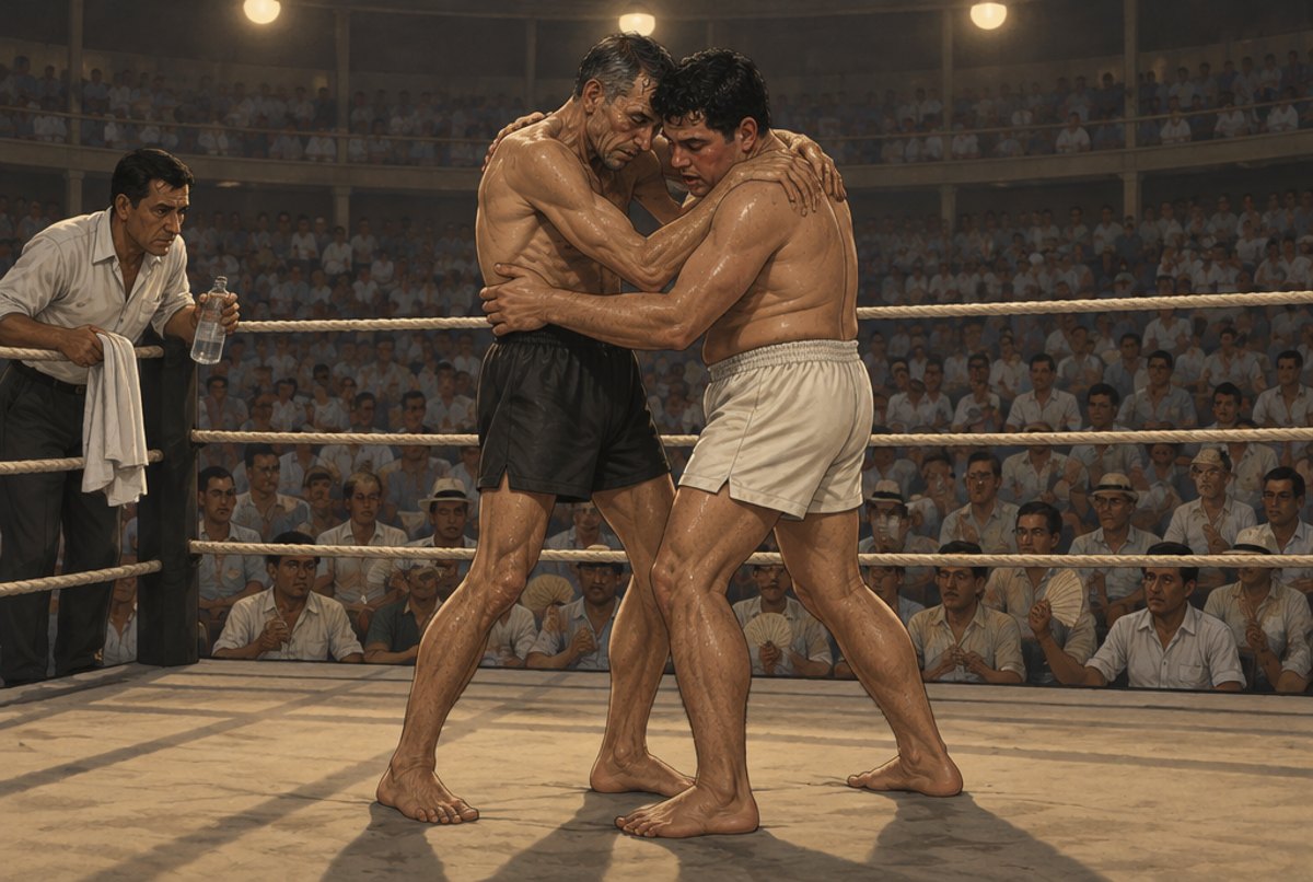 Two exhausted fighters clinching in a boxing ring in front of a hot, tired crowd.