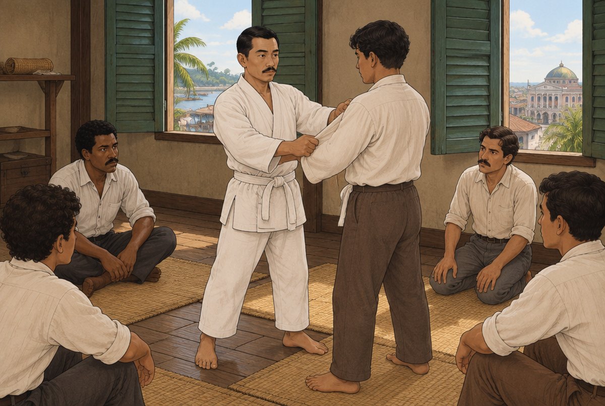 Nobushiro Satake teaching a few adult students in a plain room in Manaus.