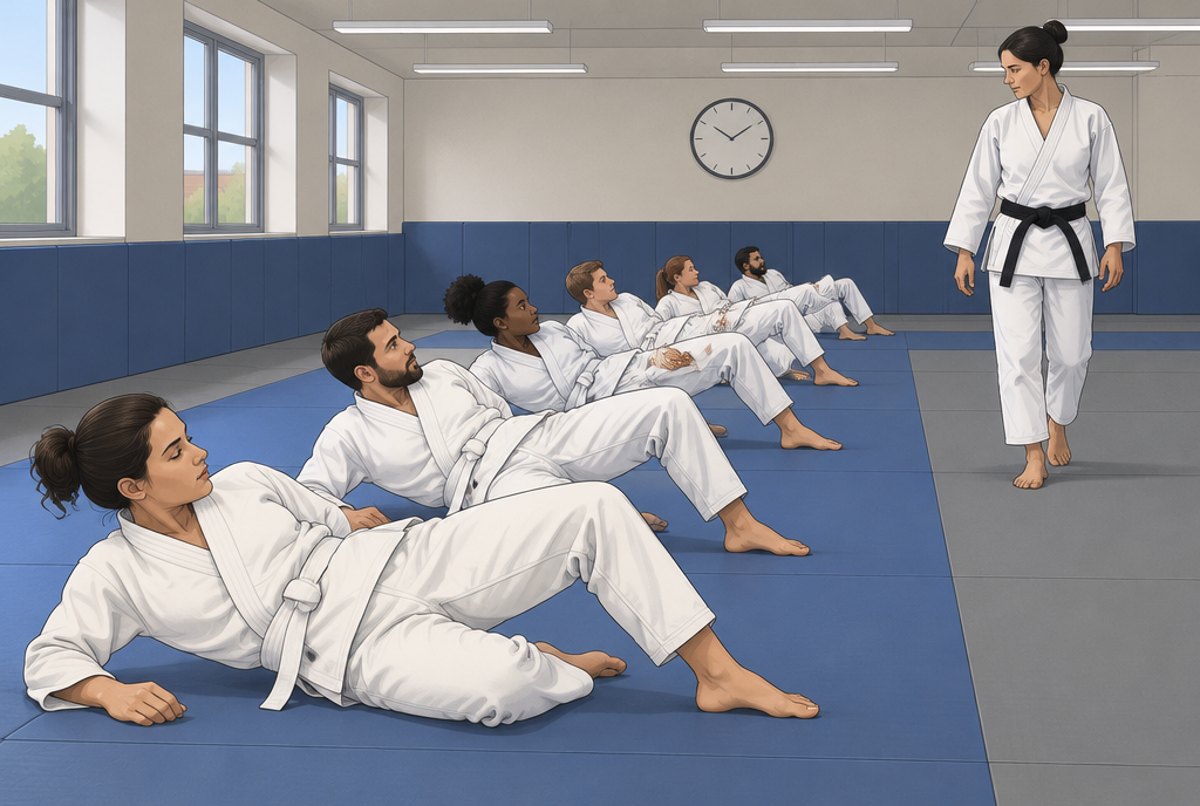 A line of adults on their backs practising a hip escape along a mat while an instructor walks past.