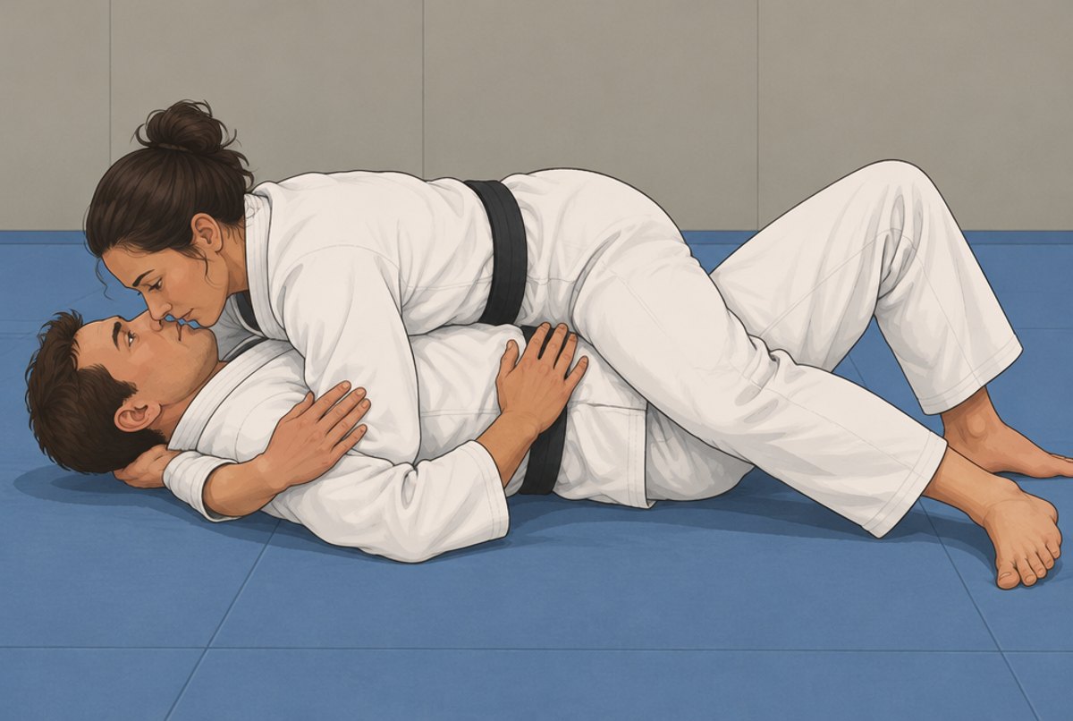 A person lying across a partner's chest from the side, past the legs.