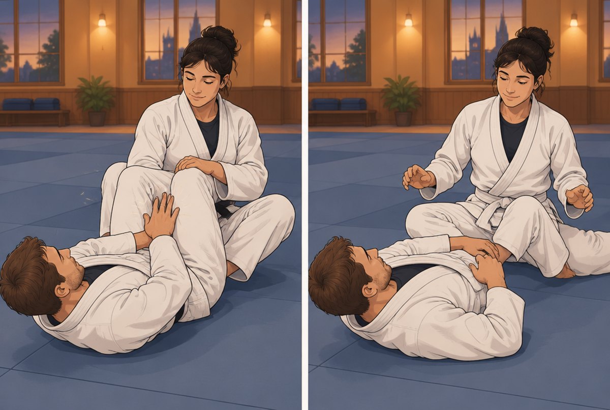 A person tapping on a partner's leg while the partner releases an armbar.