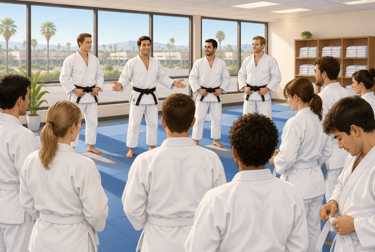 Four instructors standing with a class of adult students in a bright new academy.