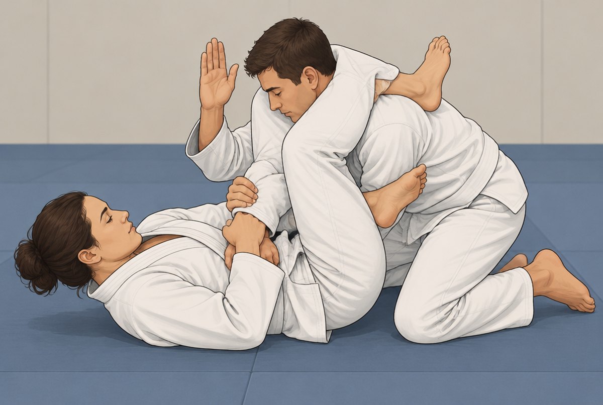 A person on their back with legs locked round a partner's neck and arm, the partner tapping.