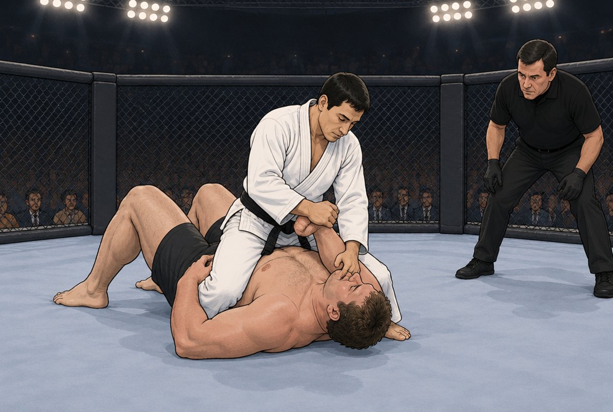 A slim fighter in a white jacket controlling a much bigger opponent inside an eight sided cage.