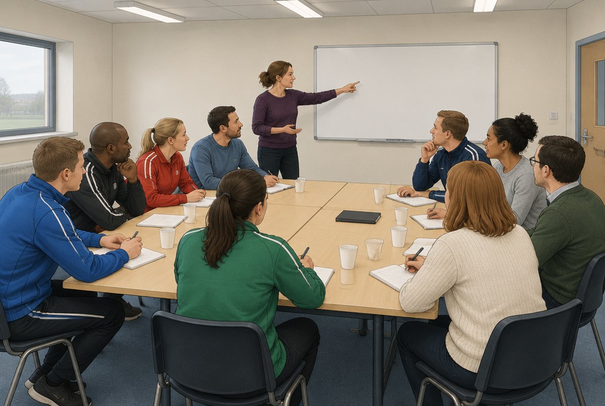 Adults from different academies sitting around pushed together tables in a plain meeting room.