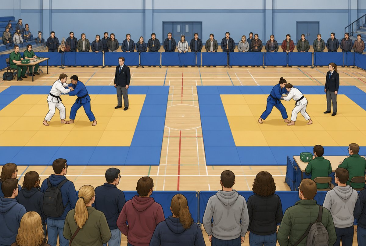 Two competition mats in a sports hall with referees, athletes and spectators behind a barrier.