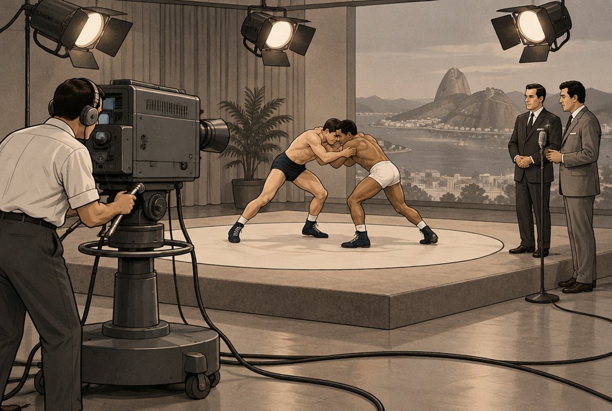 Two fighters grappling on a small stage in a 1960 television studio while presenters watch.
