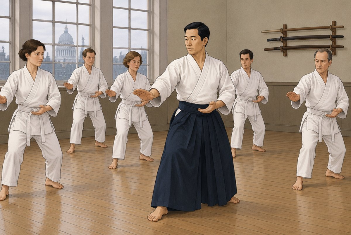 A Japanese teacher in a hakama leading British students through a calm exercise in a London hall.