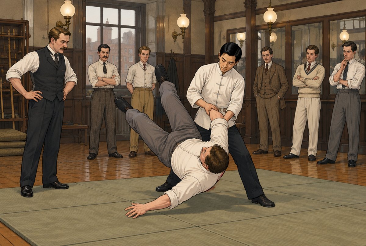 A Japanese teacher throwing a tall Englishman in a Victorian London gym while others watch.