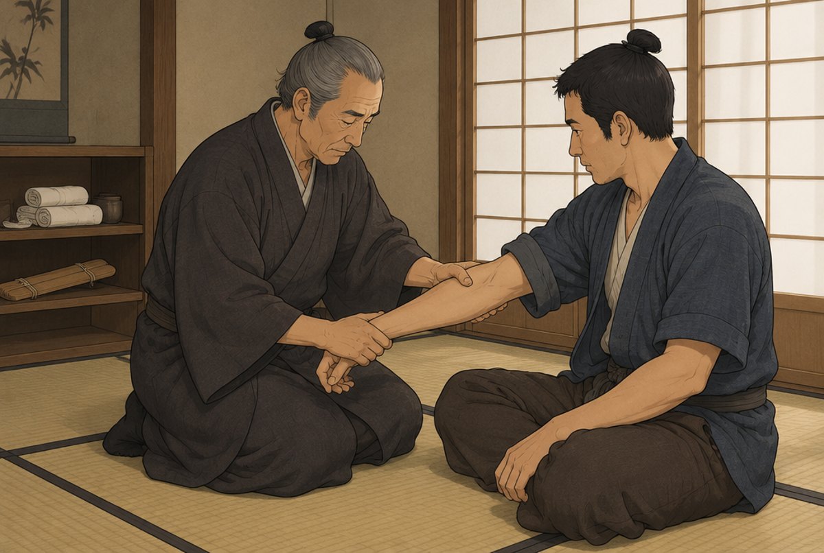 An older man in a kimono gently steadying a patient's wrist in a small Japanese room.