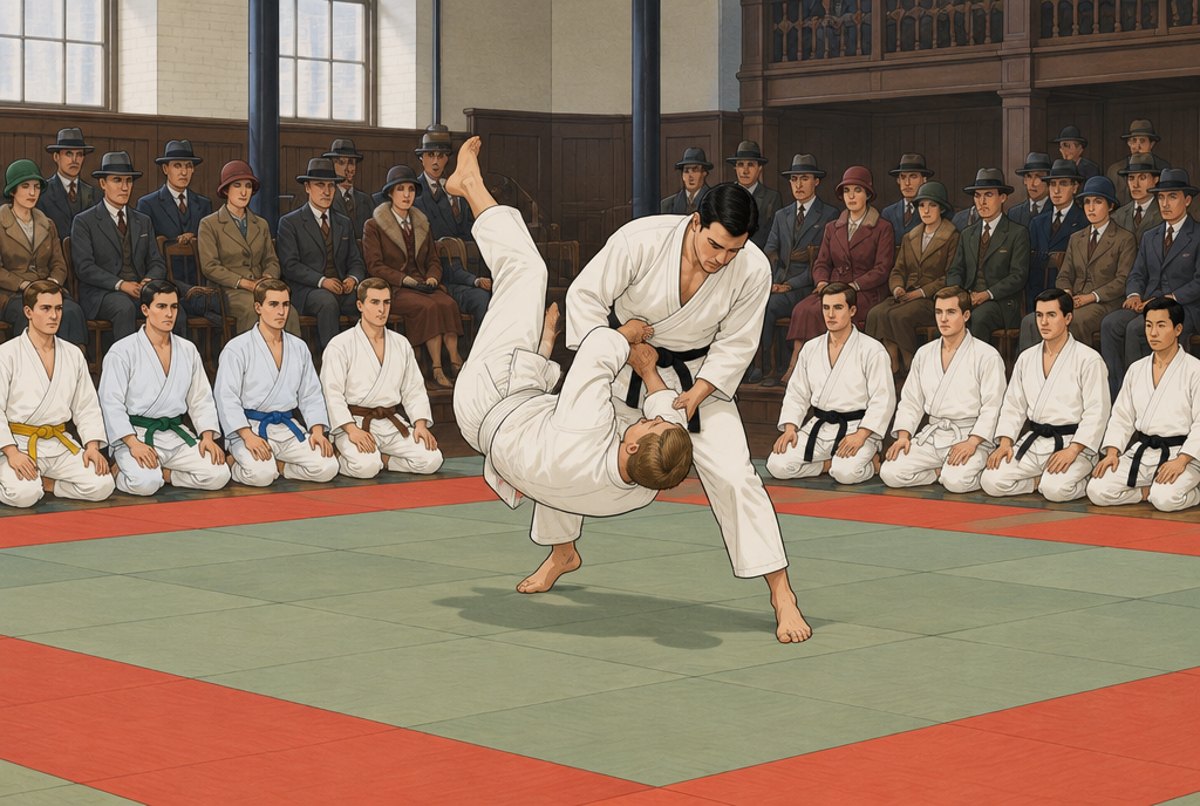A line of judoka in white uniforms wearing belts of different colours at a 1920s display.