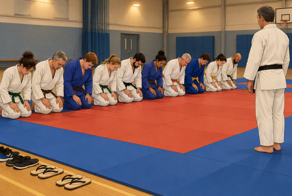 A line of adult judoka kneeling and bowing at the start of a club session in a sports hall.