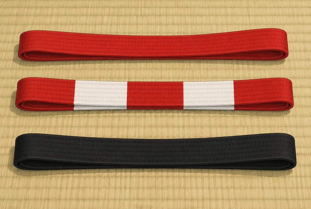 A red belt, a red and white belt and a black belt laid on a mat.