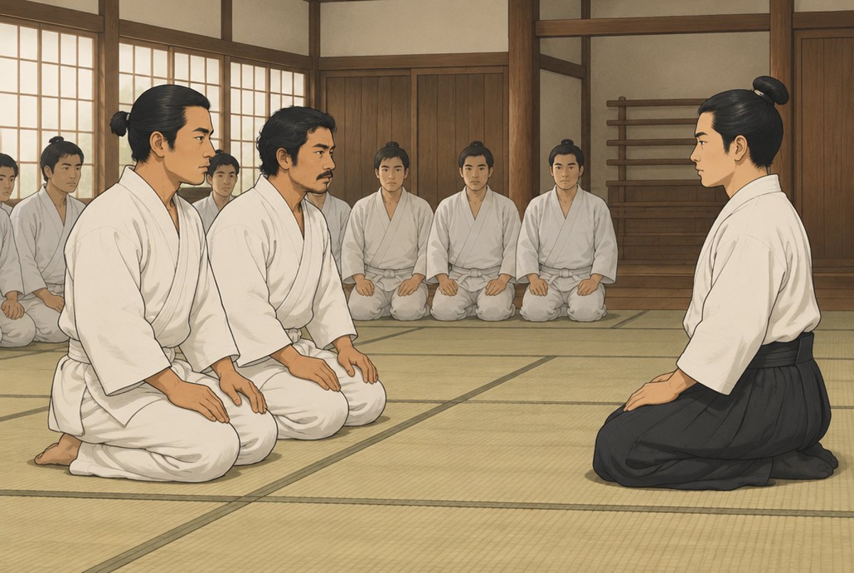 Two students kneeling before their young teacher in an early judo hall.